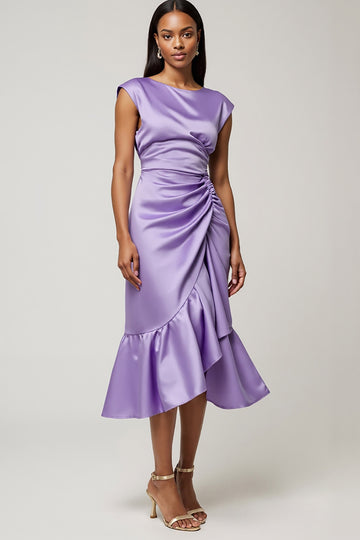 Purple Satin Bodycon Cap Sleeves Maxi Work Dress with Ruffles